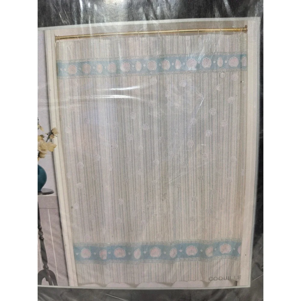 Vintage Kmart Shell Stripe Vinyl Shower Curtain Seashell Pastel‎ Pink Blue 70x72